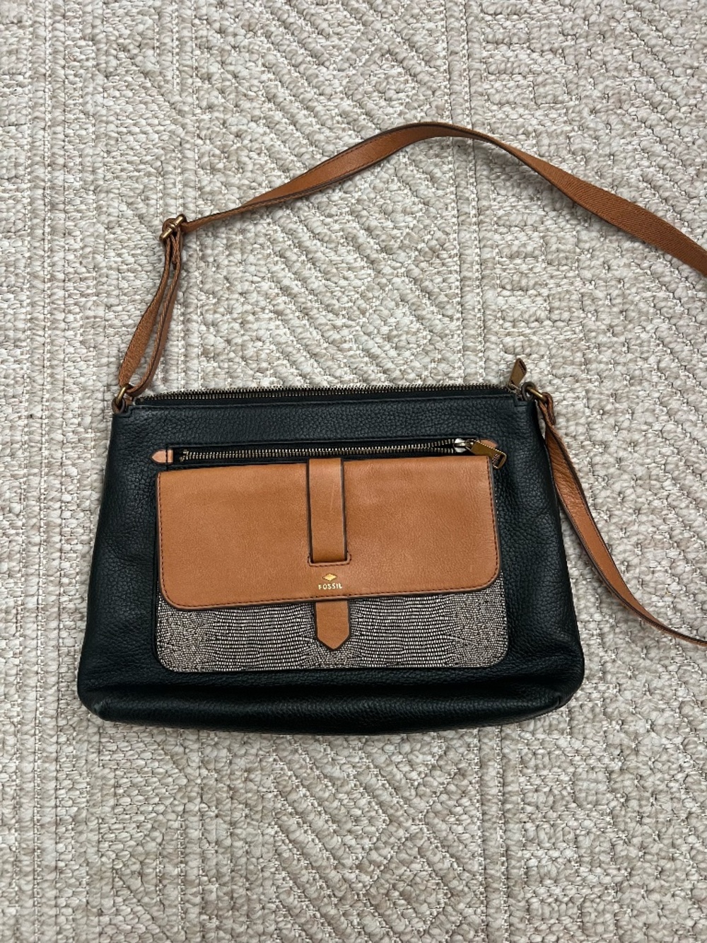 Fossil Devon Black Leather Crossbody Bag Tan Flap Pocket